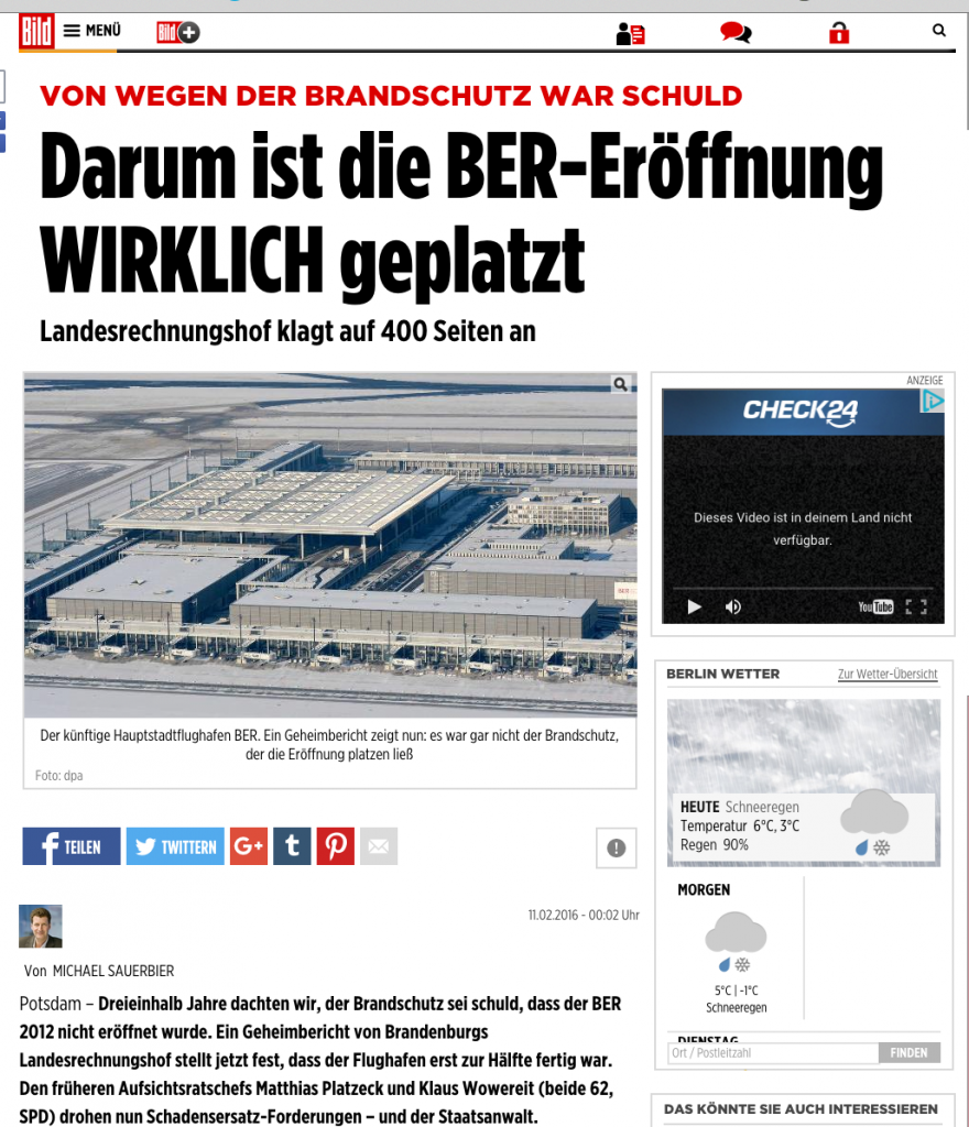 Bild Schlagzeile 11.2.2016 über BER 